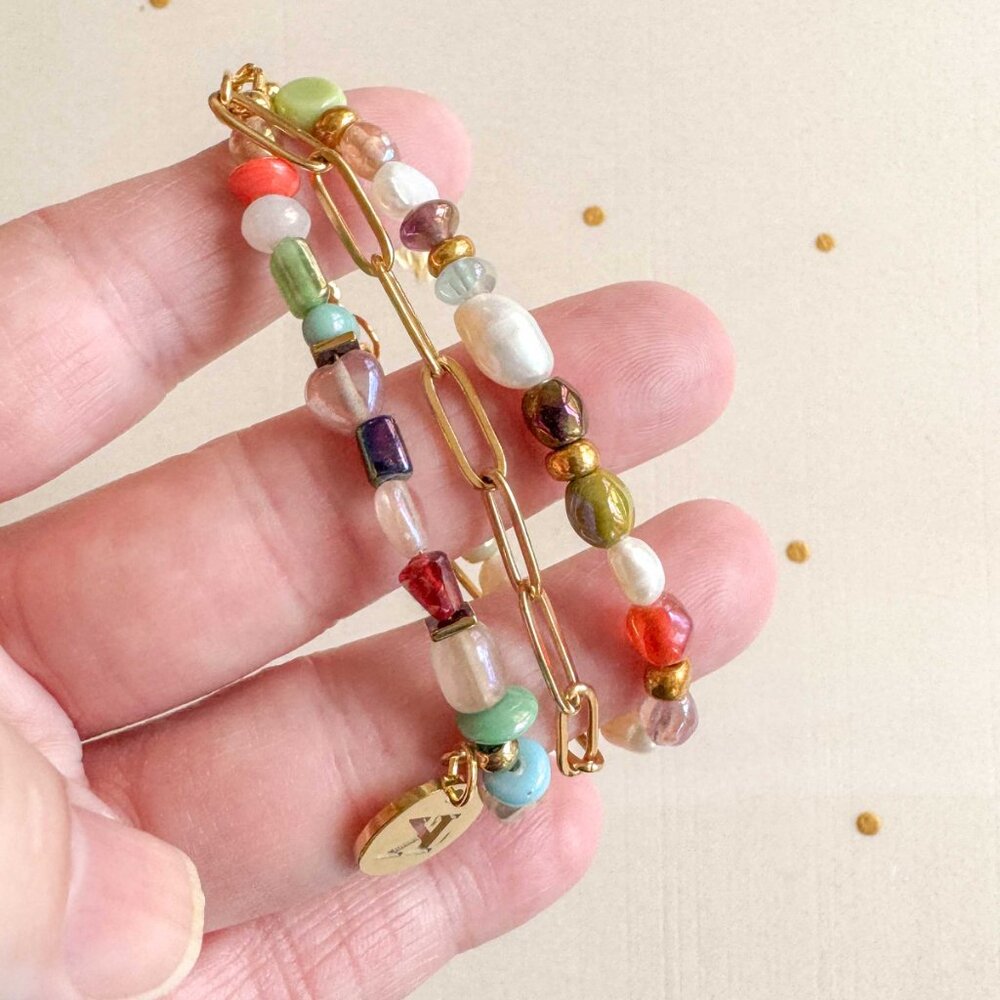 Y2K Personalized Glass Beads & Gold Paperclip Chain Bracelet - Picture 8 of 9